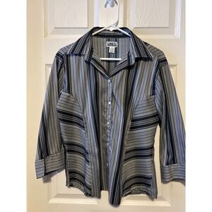 UNITI STRETCH Striped Button Down Shirt Gray Black Career Professional Top